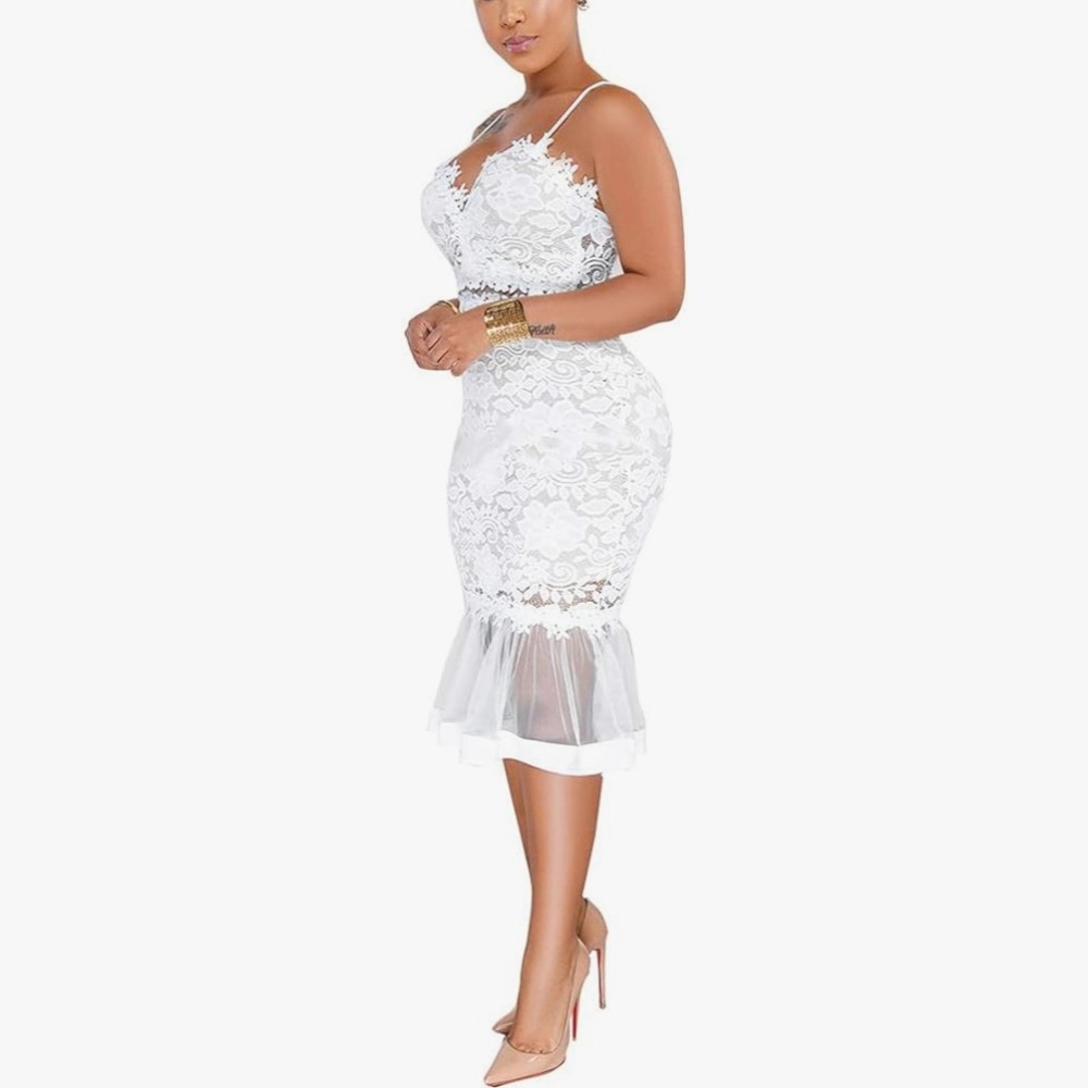 SALIMDY white dress floral mesh pencil midi Medium - Picture 7 of 8